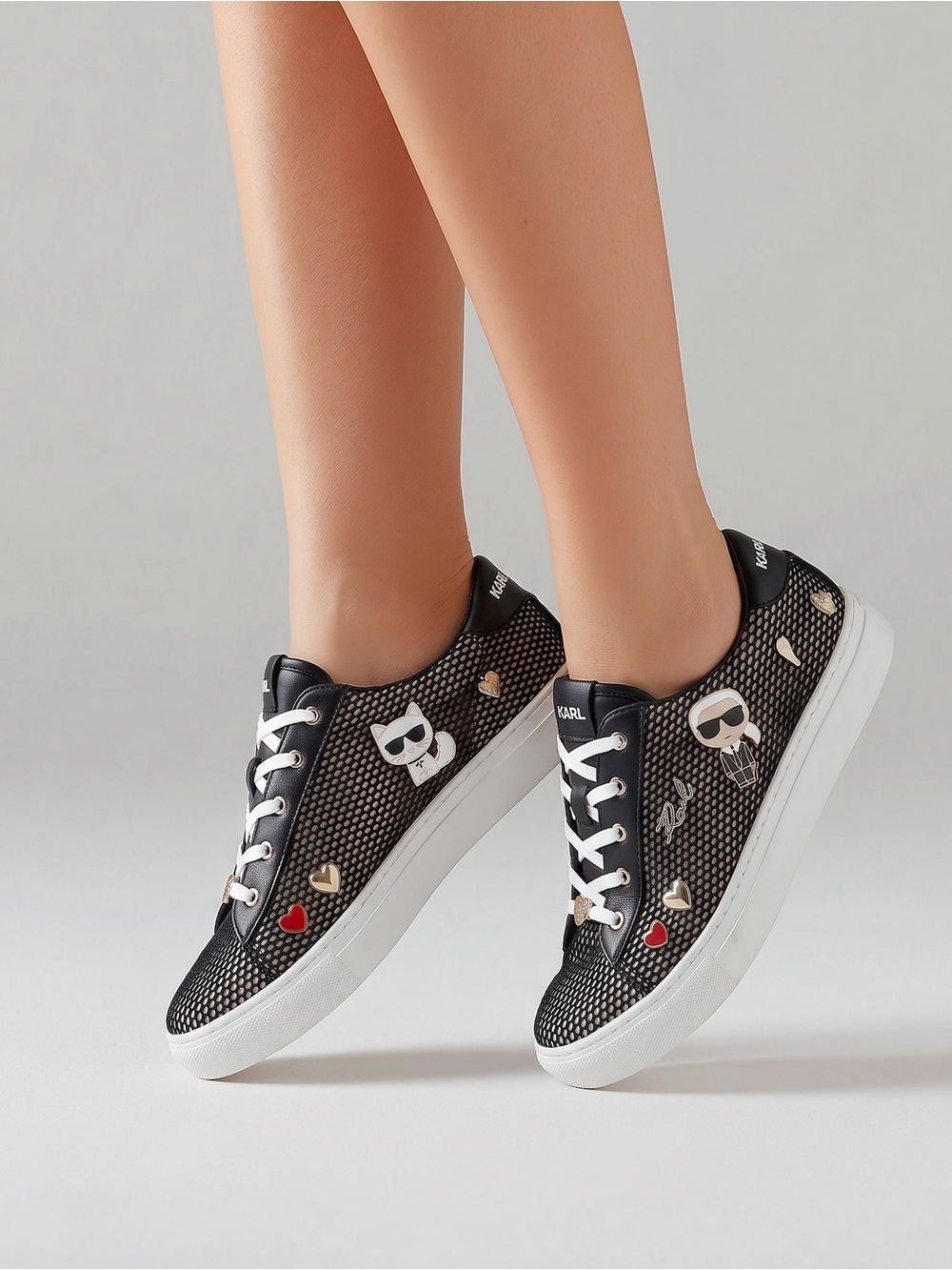 Karl Lagerfeld Black & White Mesh Charm Platform Sneakers